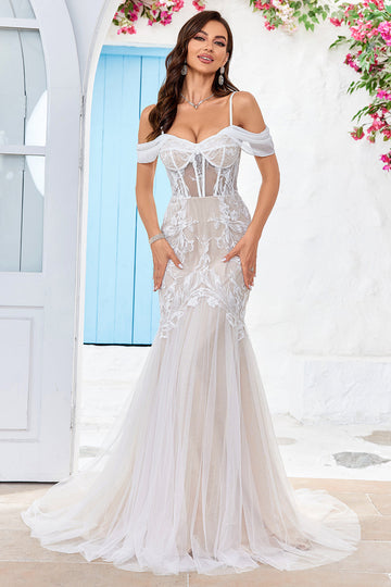 Cold Shoulder Tulle Korsett Havfrue brudekjole med Appliques